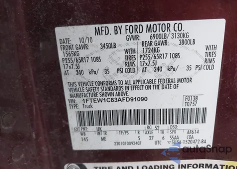2010 Ford F-150 Fx2 Sport/Xl/Xlt from USA, damaged, VIN 1FTEW1C83AFD91090